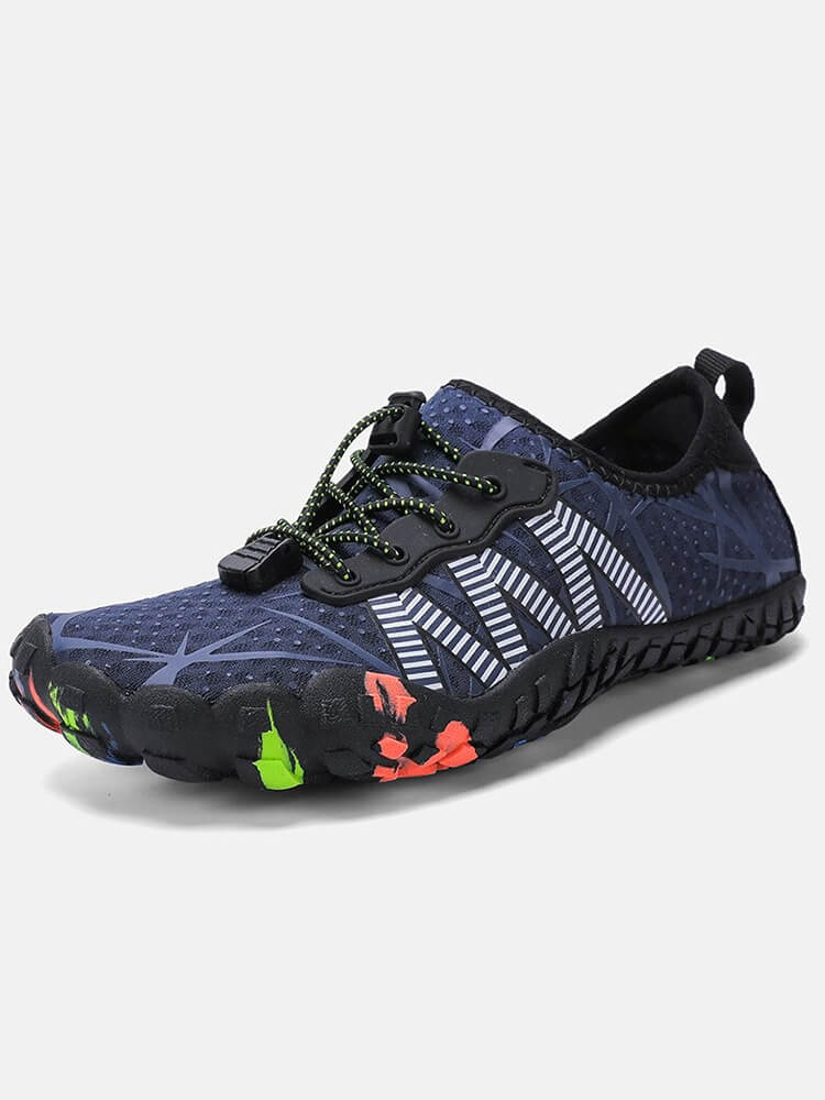 Beach Quick-Dry Shoes SF0472, blue with lace-up, unisex aqua design for men and women, breathable stretch fabric, rubber outsole.